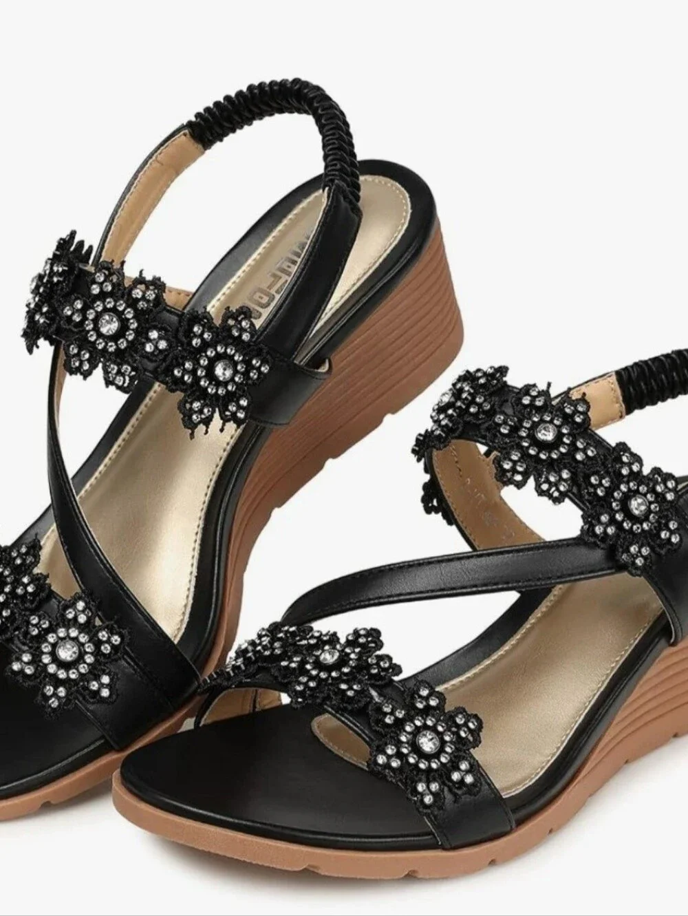 Black Embellished Floral Wedge Sandals for Women